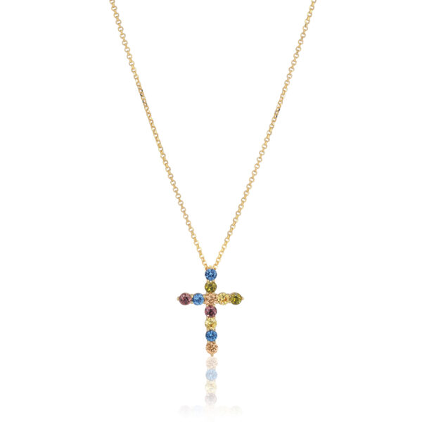 Belluno Croce Halsband | Guld | Multifärgade Zirkoner